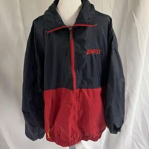 ESPN Y2K Traveler Rain Jacket Full Zip Back Vent Hidden Hood Red Navy Yellow  XL